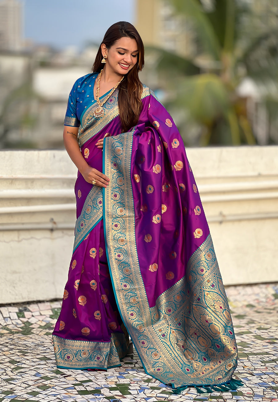 Wine Soft Silk Saree with Sunflower Butta Meenakari Zari Woven Saree