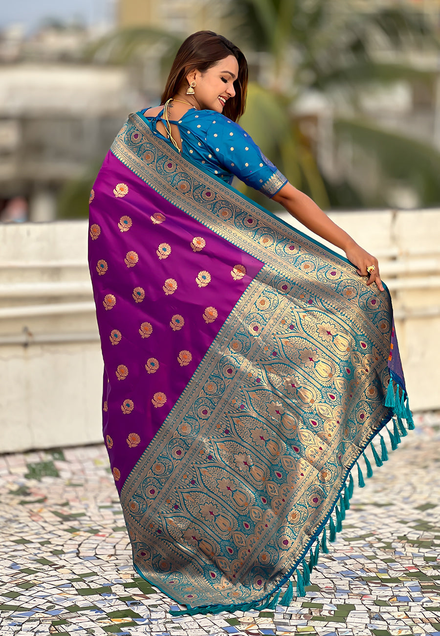 Wine Soft Silk Saree with Sunflower Butta Meenakari Zari Woven Saree