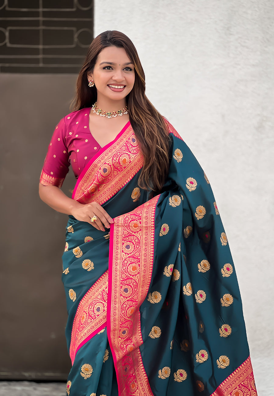 Denim Soft Silk Saree with Sunflower Butta Meenakari Zari Woven Saree