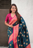 Denim Soft Silk Saree with Sunflower Butta Meenakari Zari Woven Saree