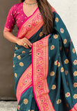 Denim Soft Silk Saree with Sunflower Butta Meenakari Zari Woven Saree