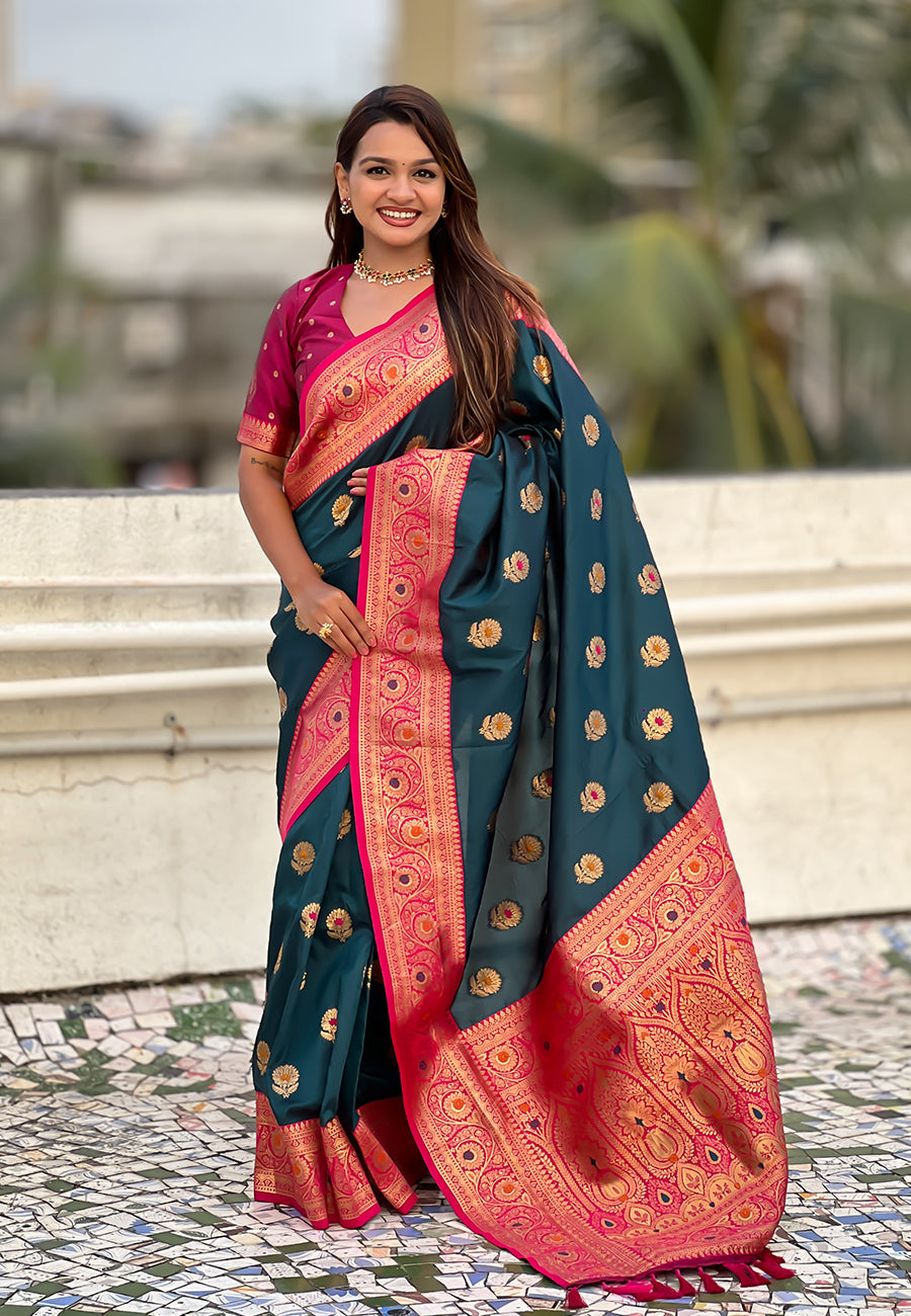 Denim Soft Silk Saree with Sunflower Butta Meenakari Zari Woven Saree