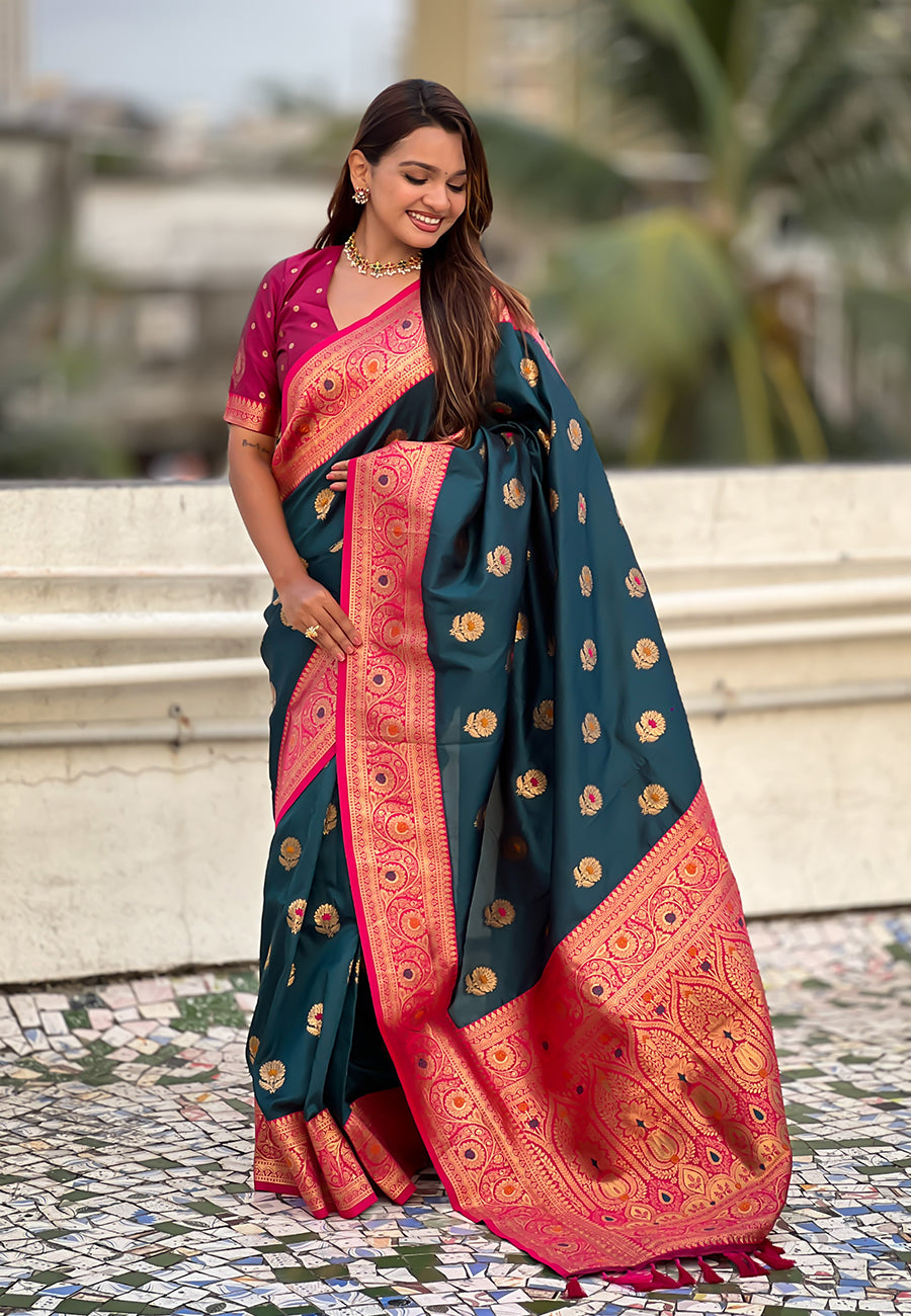 Denim Soft Silk Saree with Sunflower Butta Meenakari Zari Woven Saree