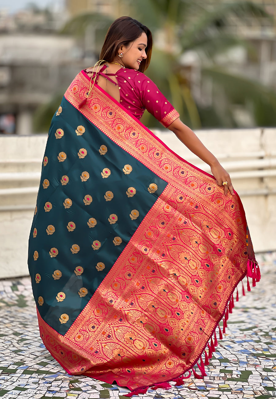 Denim Soft Silk Saree with Sunflower Butta Meenakari Zari Woven Saree