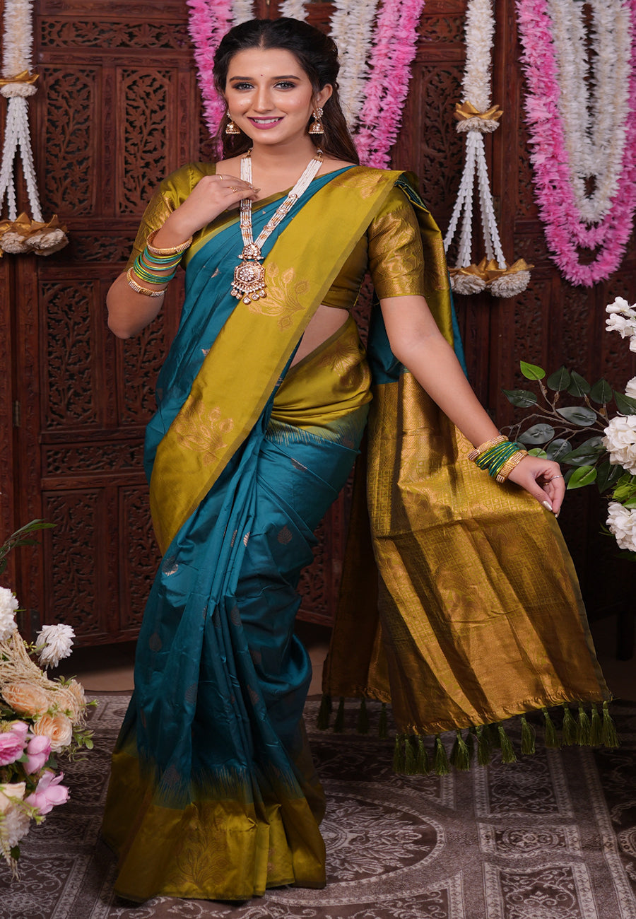 Sea Blue Soft Silk Floral Border Contrast Zari Woven Saree