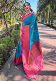 Teal Blue Soft Silk Contrast Gold Zari Woven Saree