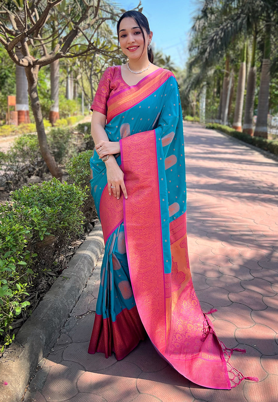 Teal Blue Soft Silk Contrast Gold Zari Woven Saree