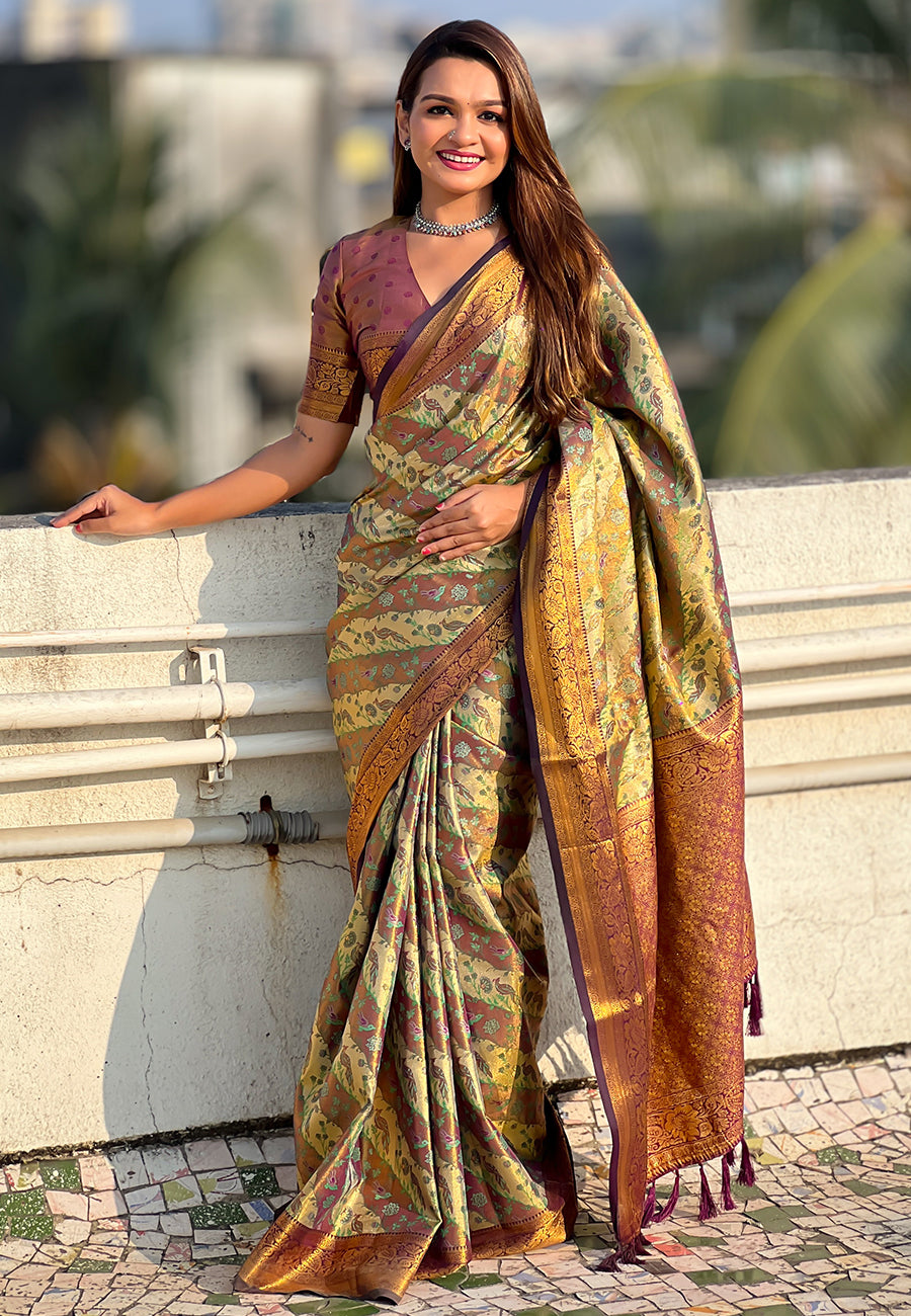 Wine Original Dharmavaram Leheriya Silk Zari Woven Saree