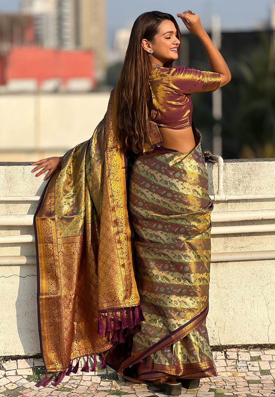 Wine Original Dharmavaram Leheriya Silk Zari Woven Saree