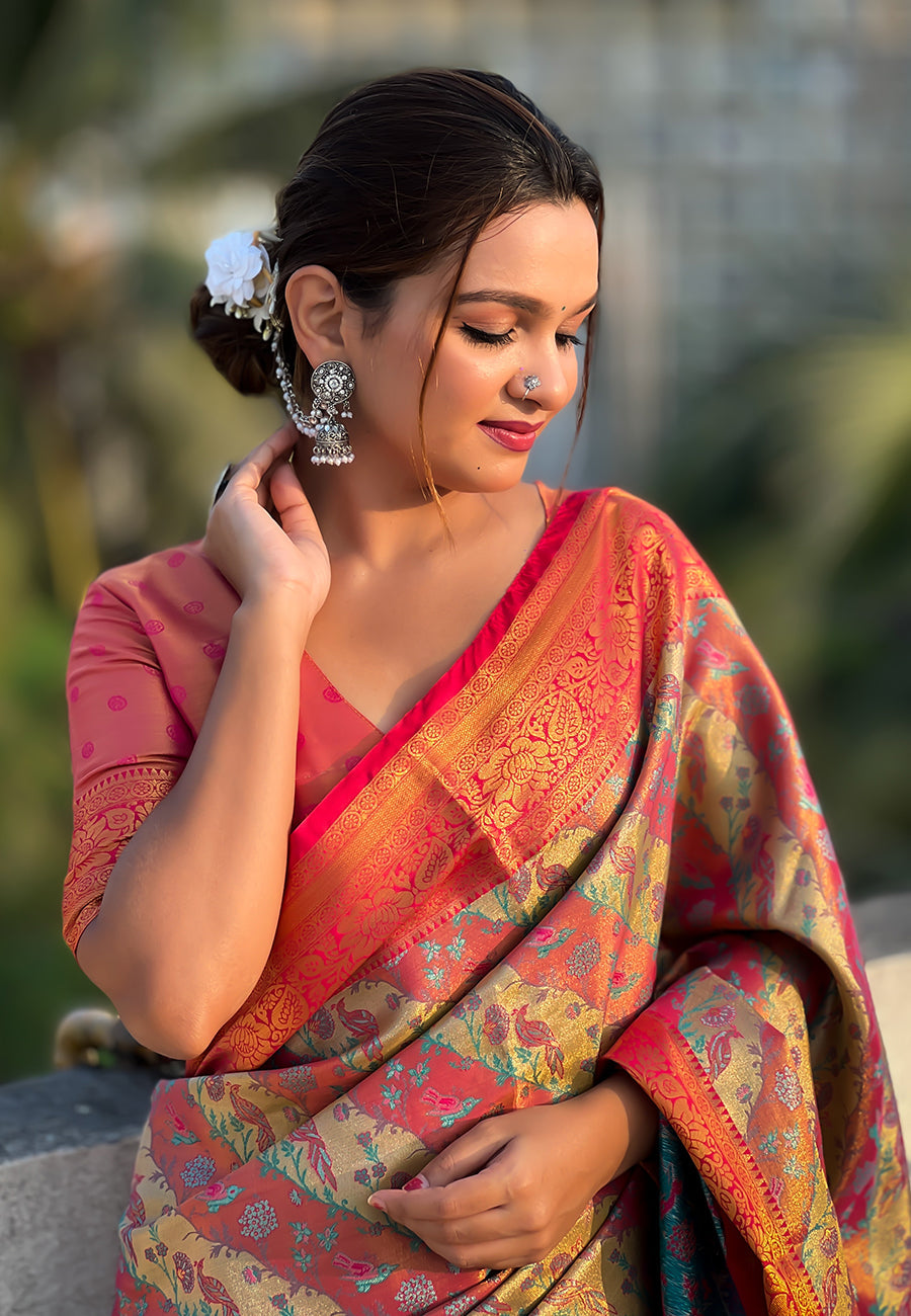 Pink Original Dharmavaram Leheriya Silk Zari Woven Saree