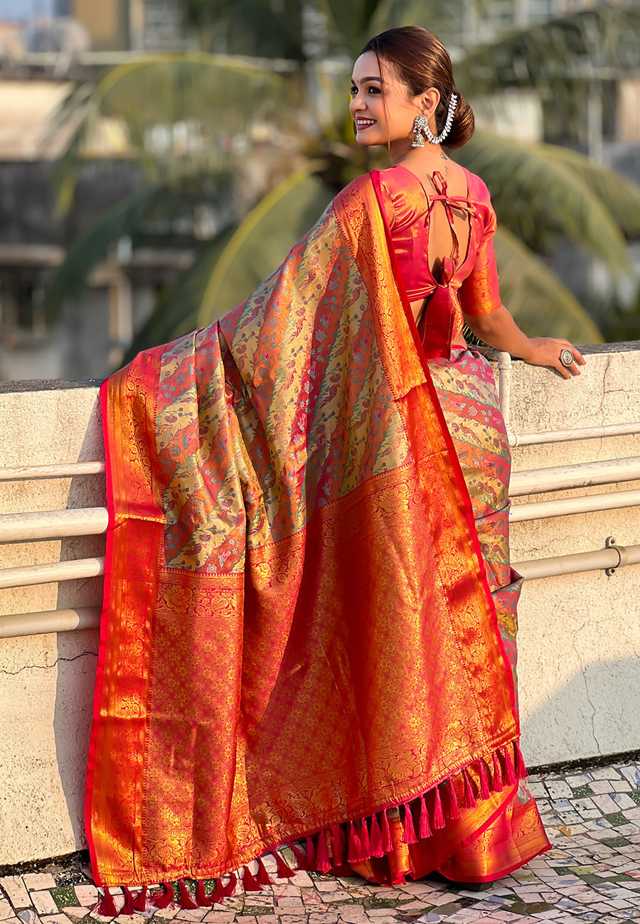 Pink Original Dharmavaram Leheriya Silk Zari Woven Saree
