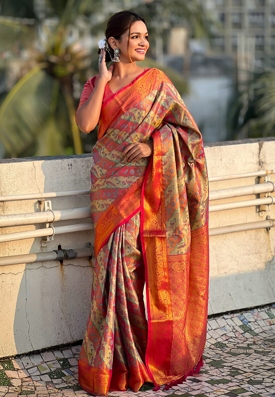 Pink Original Dharmavaram Leheriya Silk Zari Woven Saree