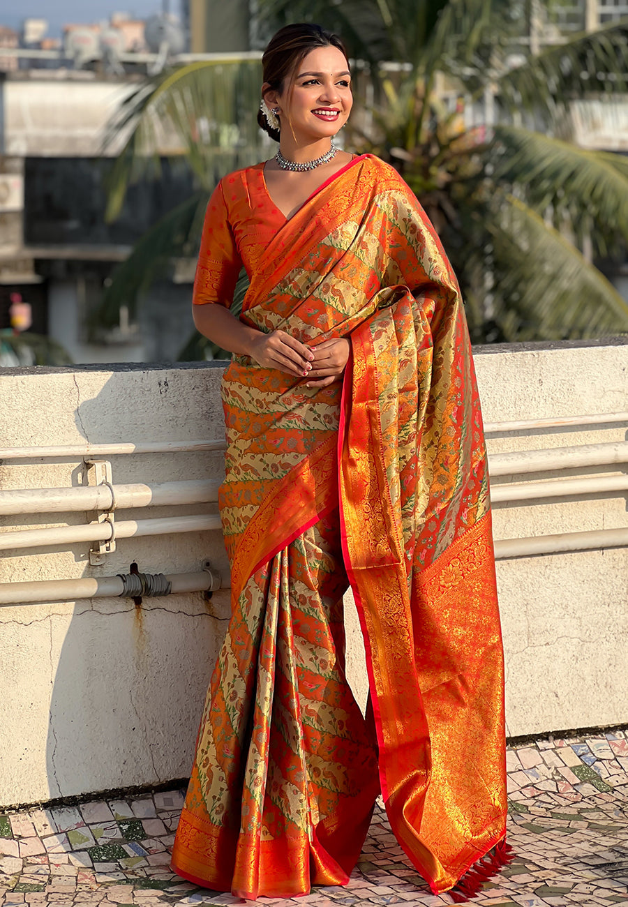 Red Original Dharmavaram Leheriya Silk Zari Woven Saree