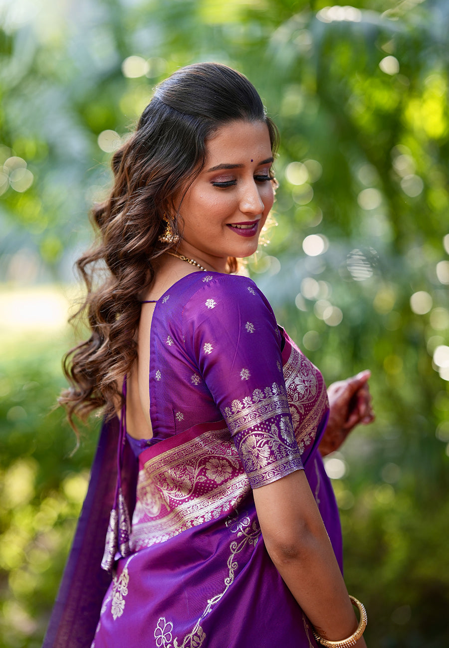 Purple Banarasi Jaal Soft Silk Zari Woven Saree