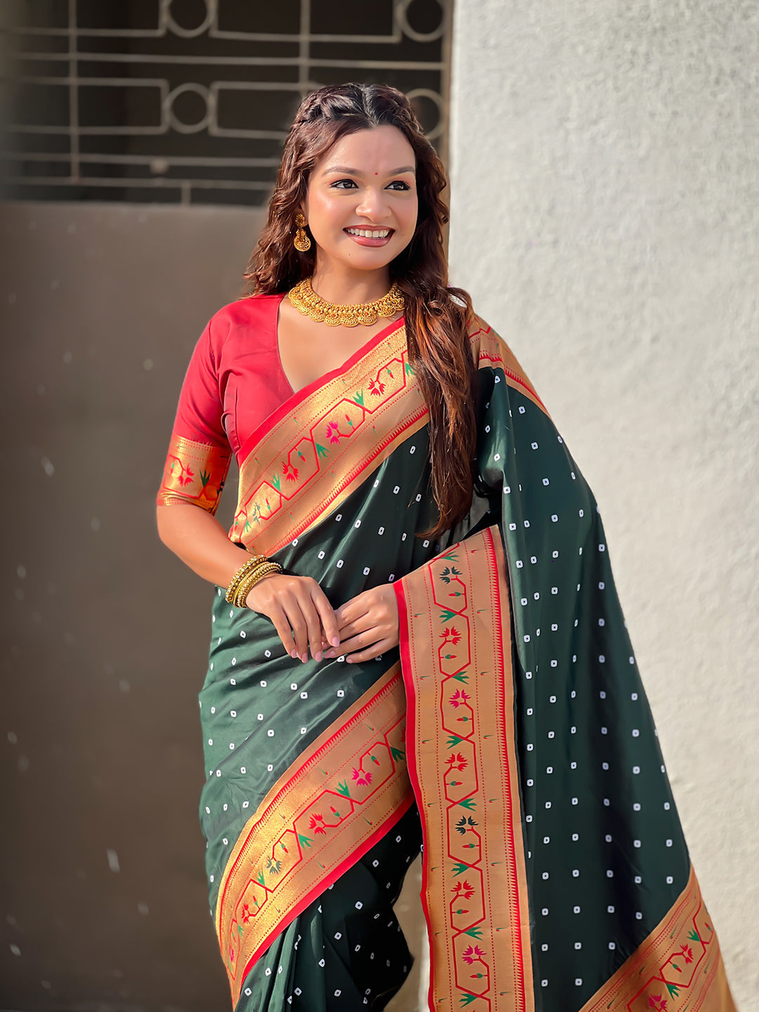 Bottle Green Zari Woven Bandhani Paithani Fusion Silk Saree