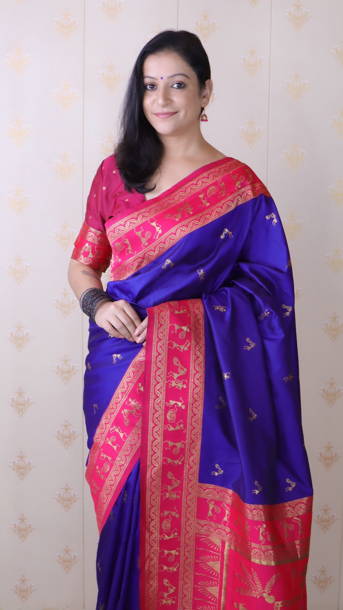 Violet Soft Silk Zari Woven Warli Art Traditional Saree