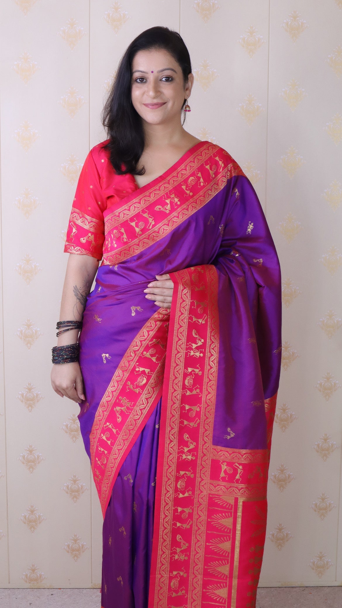 Purple Soft Silk Zari Woven Warli Art Traditional Saree