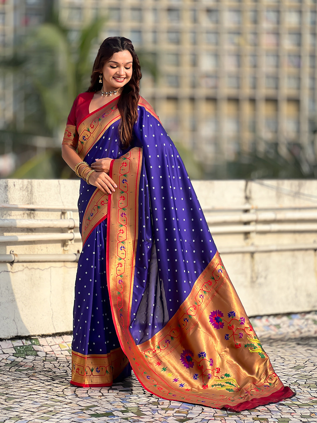 Violet Zari Woven Bandhani Paithani Fusion Silk Saree