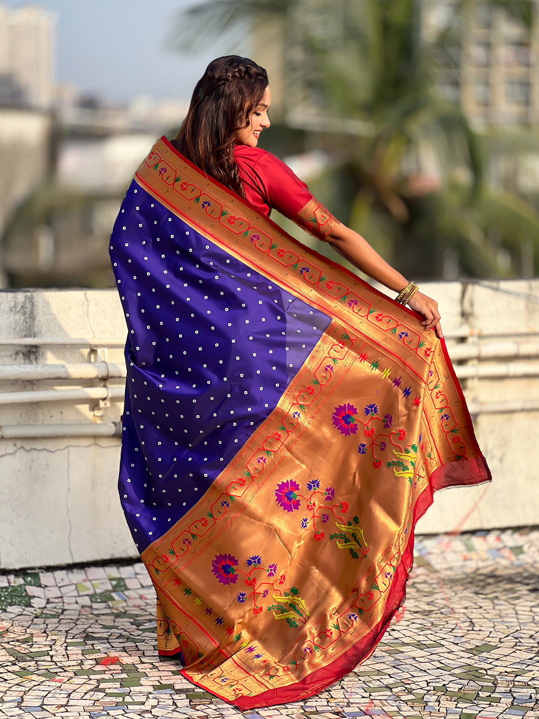 Violet Zari Woven Bandhani Paithani Fusion Silk Saree