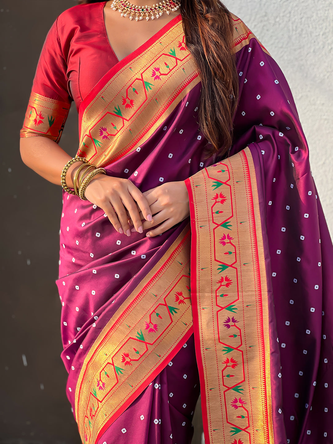 Wine Zari Woven Bandhani Paithani Fusion Silk Saree
