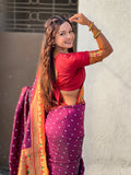 Wine Zari Woven Bandhani Paithani Fusion Silk Saree