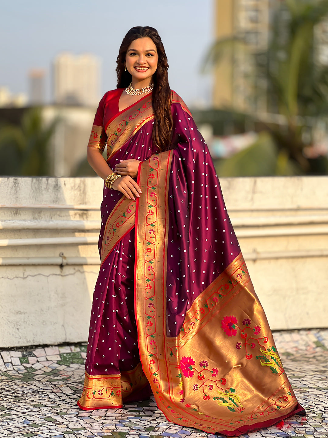 Wine Zari Woven Bandhani Paithani Fusion Silk Saree
