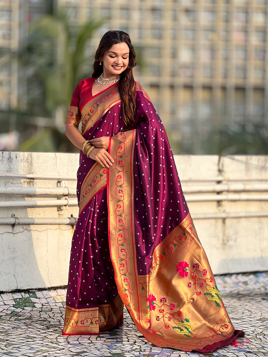 Wine Zari Woven Bandhani Paithani Fusion Silk Saree