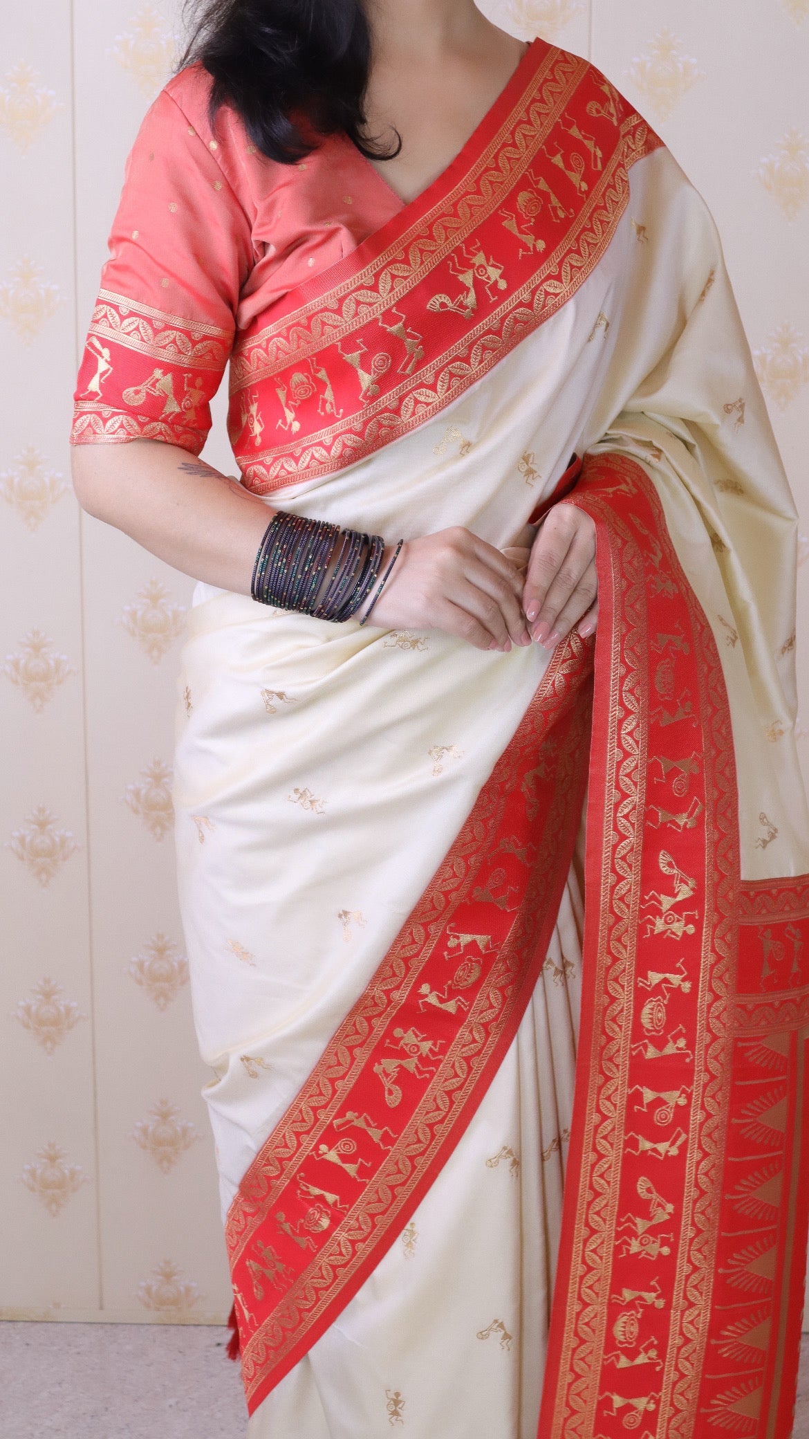 Cream Soft Silk Zari Woven Warli Art Traditional Saree