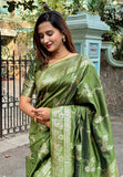Mehendi Green Banarasi Jaal Soft Silk Zari Woven Saree