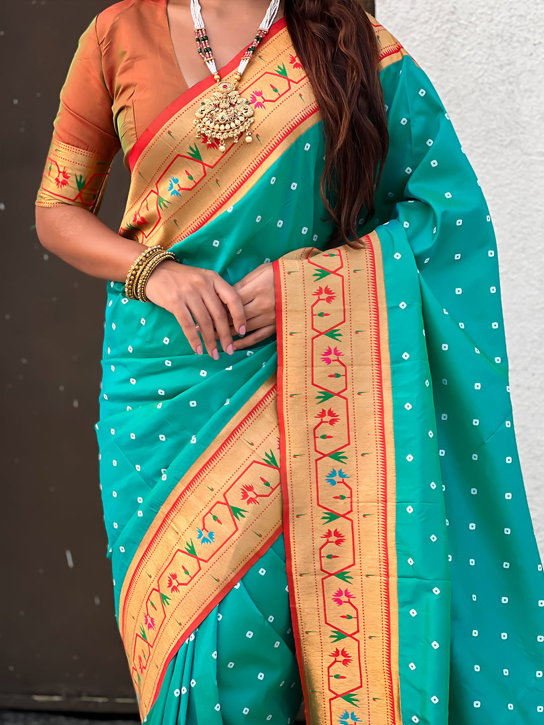 Aqua Blue Zari Woven Bandhani Paithani Fusion Silk Saree