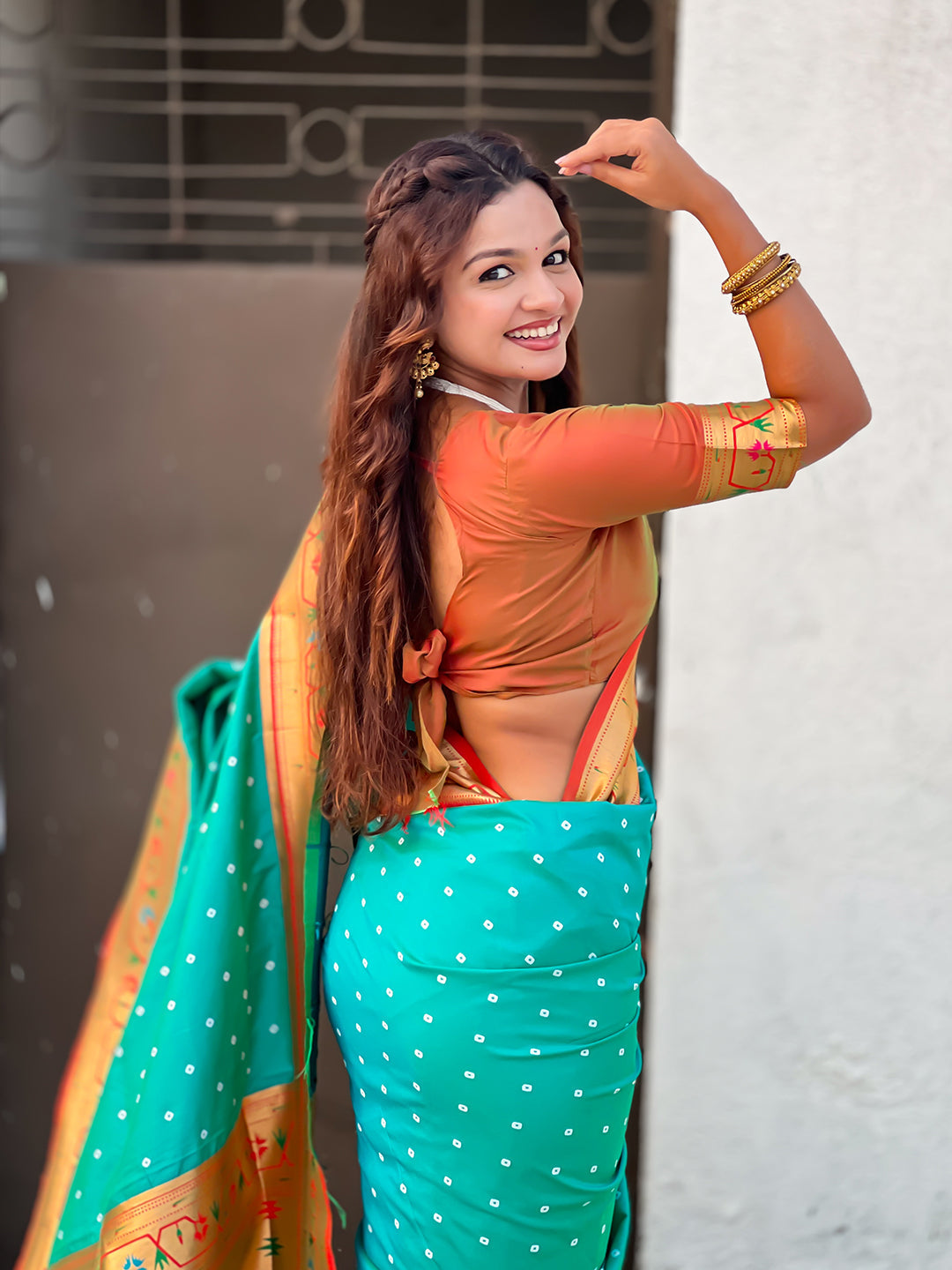 Aqua Blue Zari Woven Bandhani Paithani Fusion Silk Saree