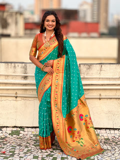 Aqua Blue Zari Woven Bandhani Paithani Fusion Silk Saree