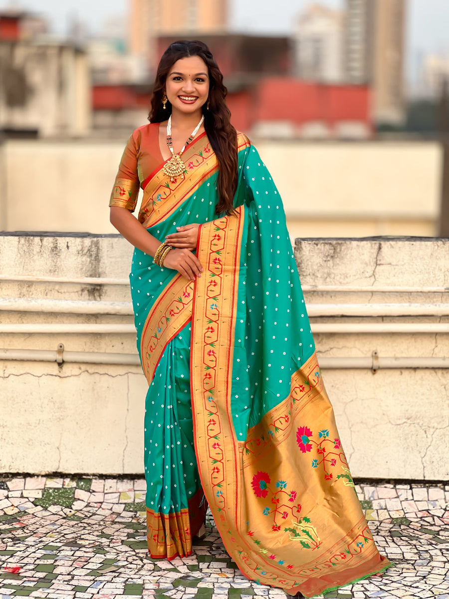 Aqua Blue Zari Woven Bandhani Paithani Fusion Silk Saree