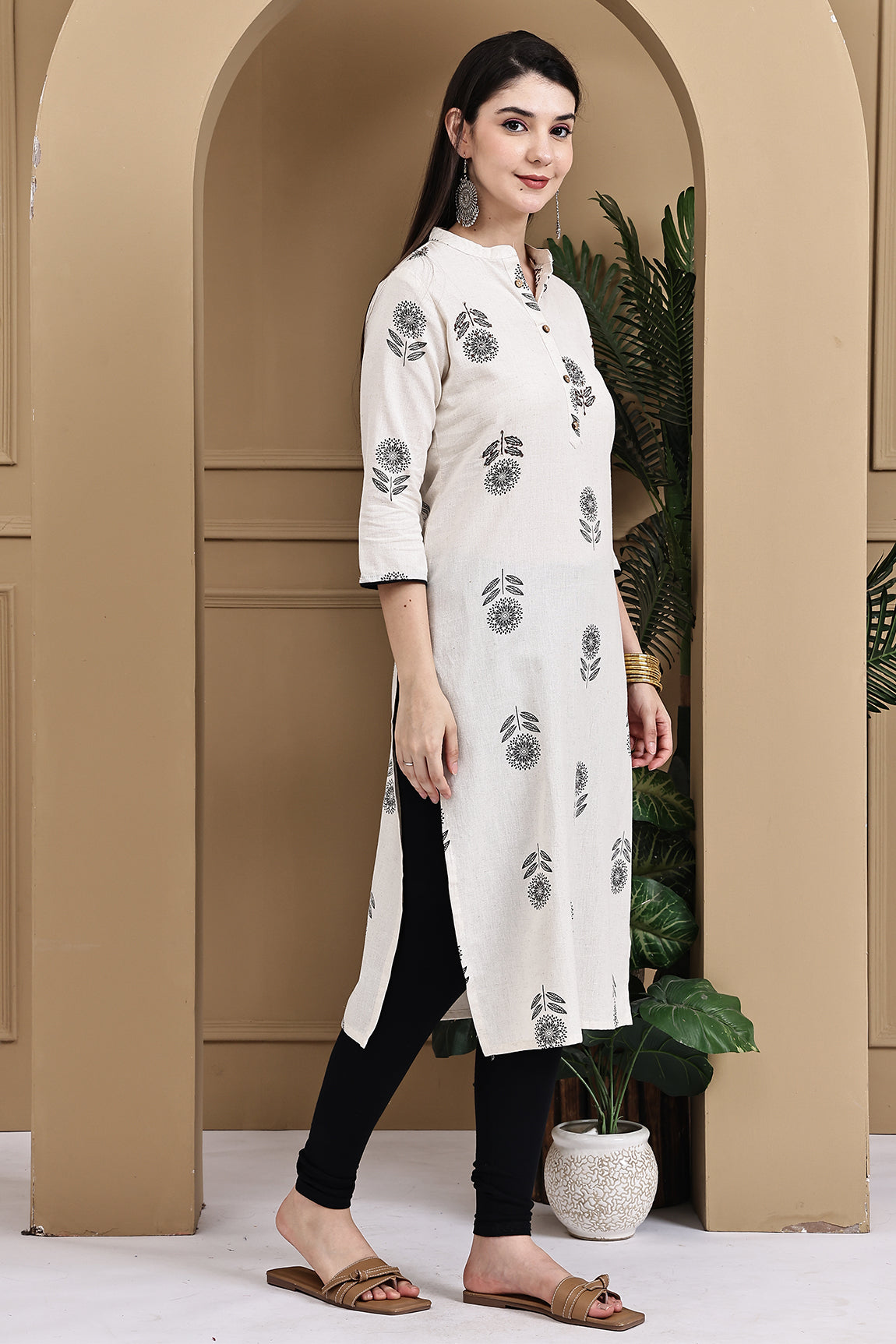 Beige Khadi Cotton Jaipuri Printed Kurti