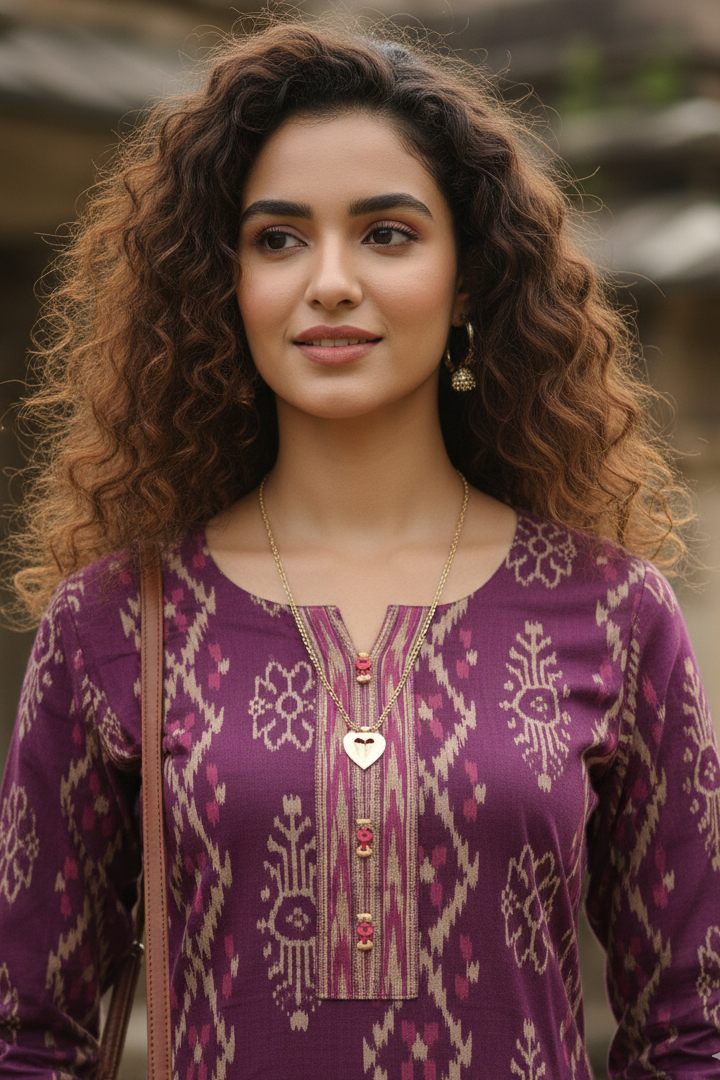 Wine Cotton Jaipuri Floral Printed Kurti