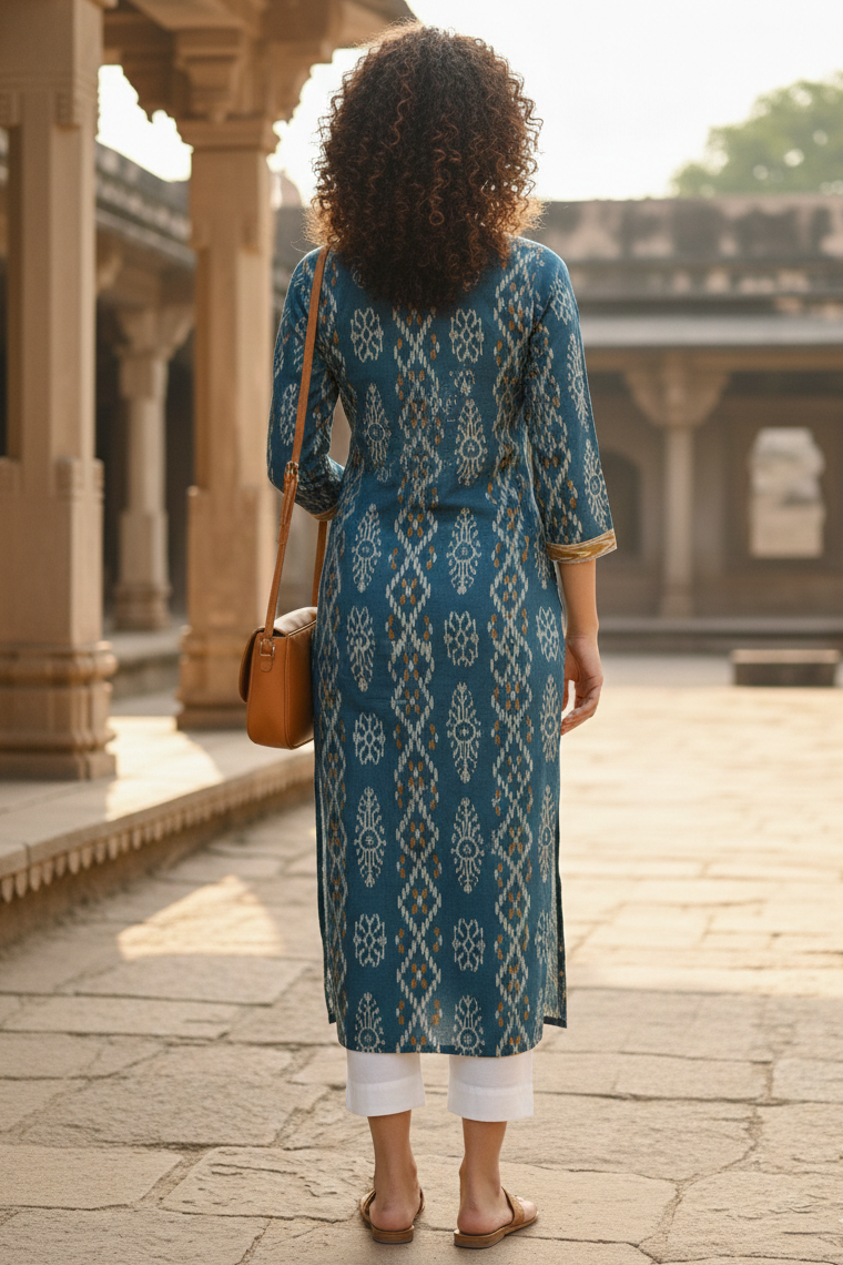 Turquoise Cotton Jaipuri Floral Printed Kurti