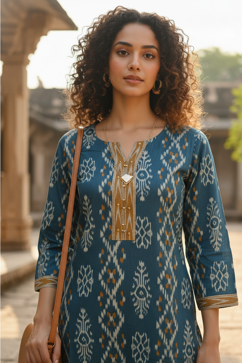 Turquoise Cotton Jaipuri Floral Printed Kurti