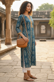 Turquoise Cotton Jaipuri Floral Printed Kurti