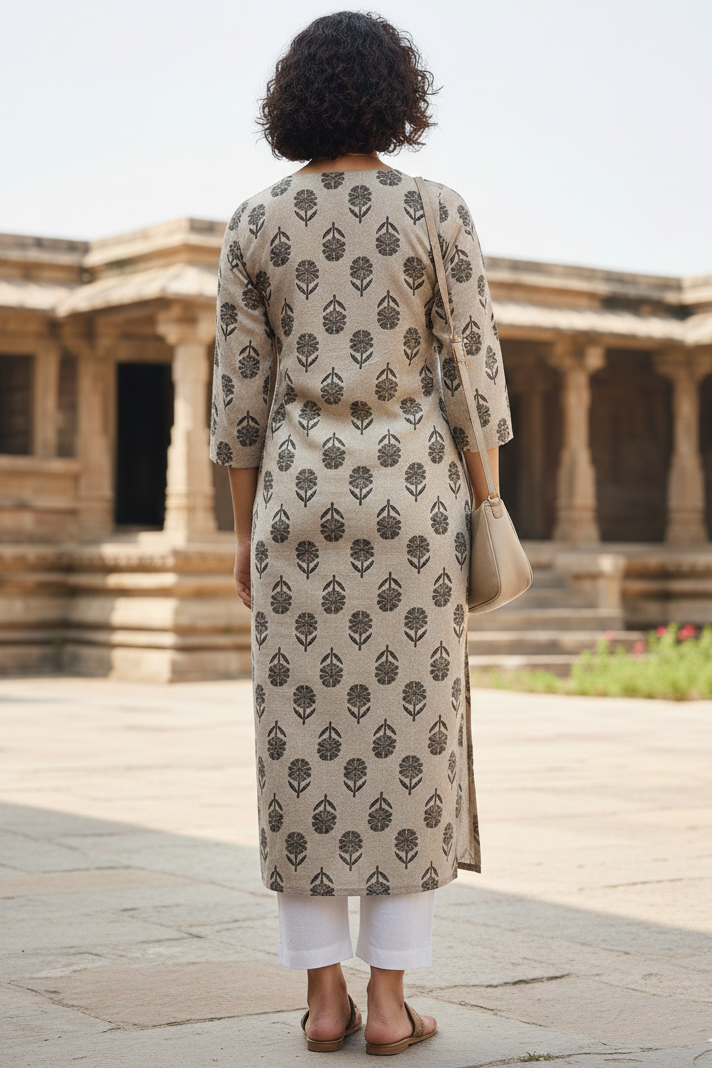 Beige Cotton Jaipuri Floral Printed Kurti