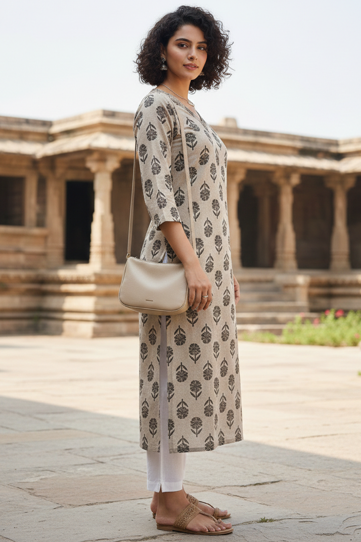 Beige Cotton Jaipuri Floral Printed Kurti