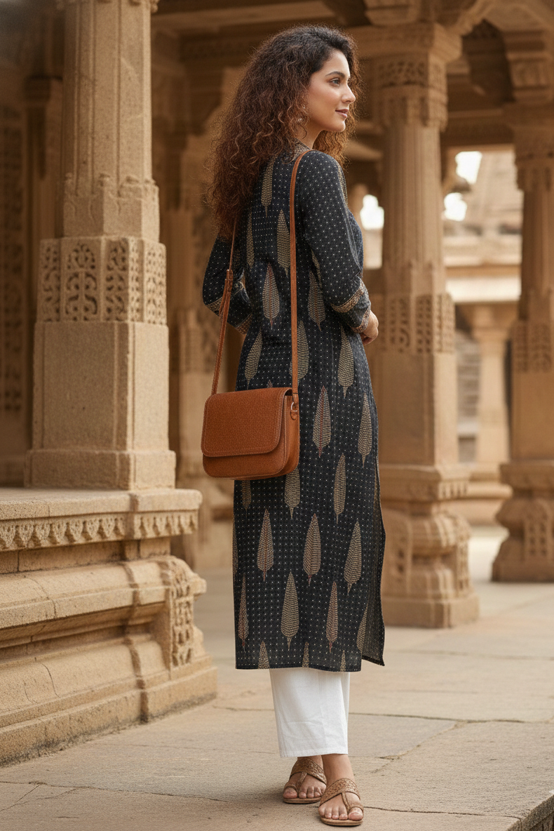 Black Cotton Jaipuri Floral Printed Kurti