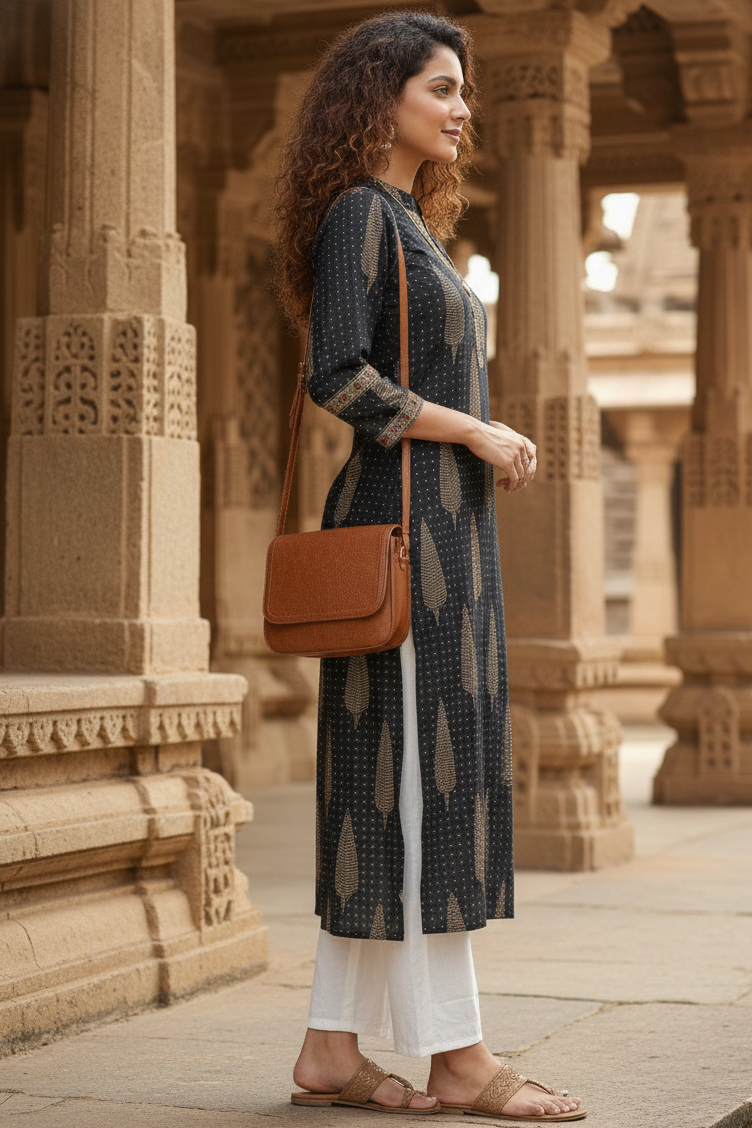Black Cotton Jaipuri Floral Printed Kurti