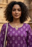 Purple Cotton Jaipuri Floral Printed Kurti