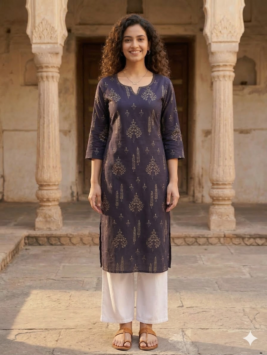Violet Pure Cotton Jaipuri Floral Printed Kurti