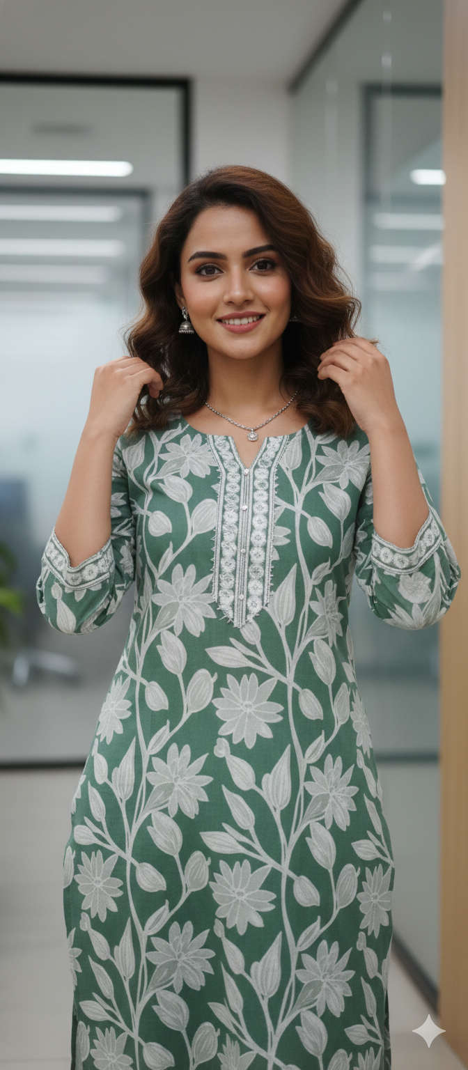 Sage Green Pure Cotton Jaipuri Floral Printed Kurti