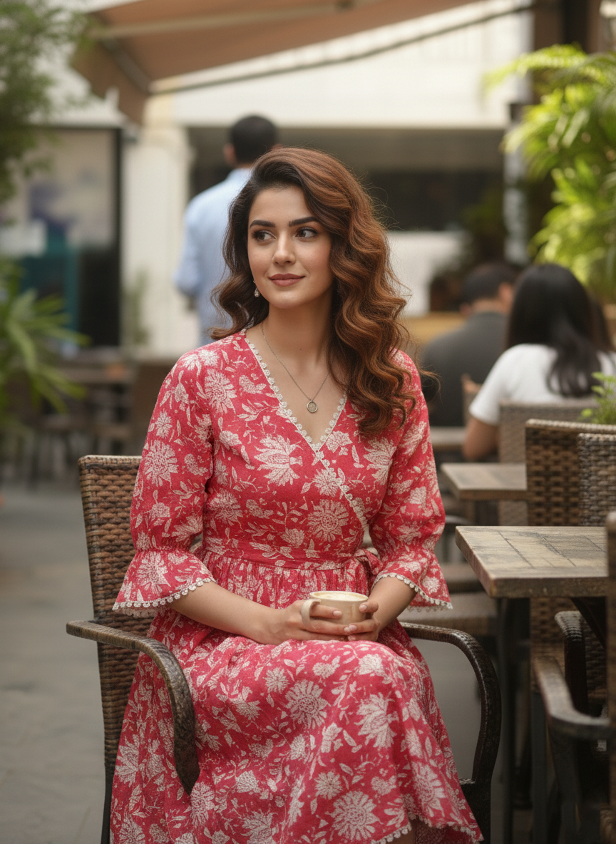 Red Rose Reverie Pure Cotton Jaipuri Printed Western Dress