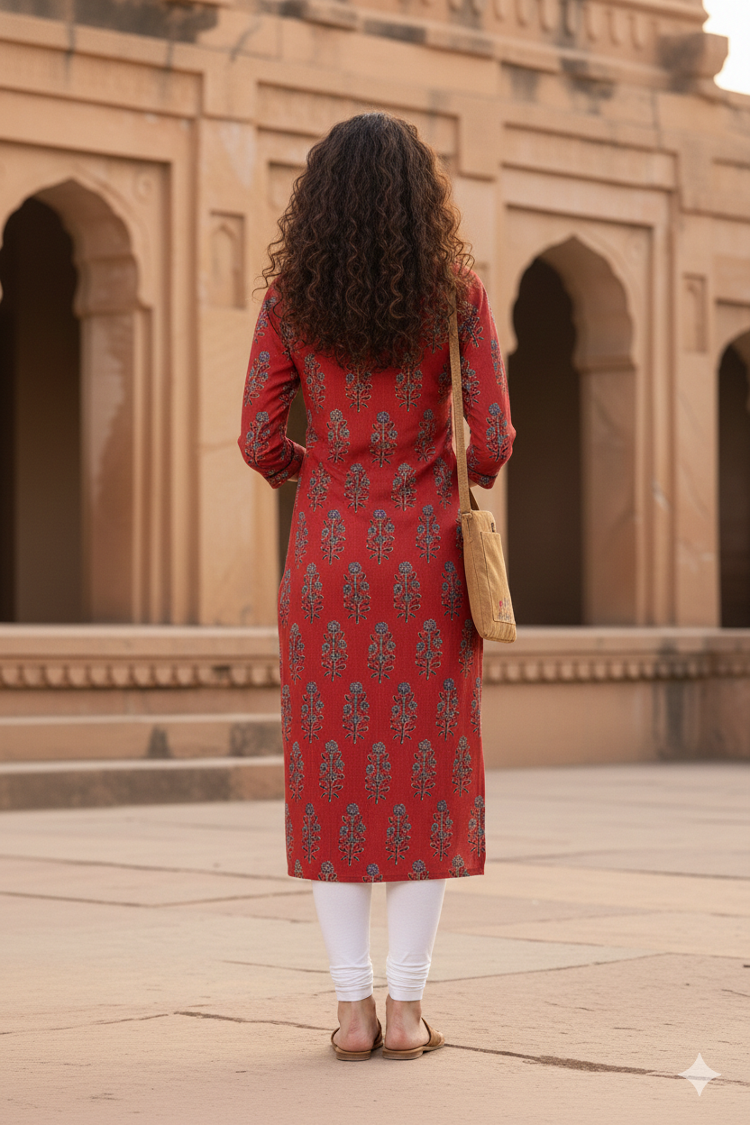 Maroon Pure Cambric Cotton Jaipuri Printed Kurti