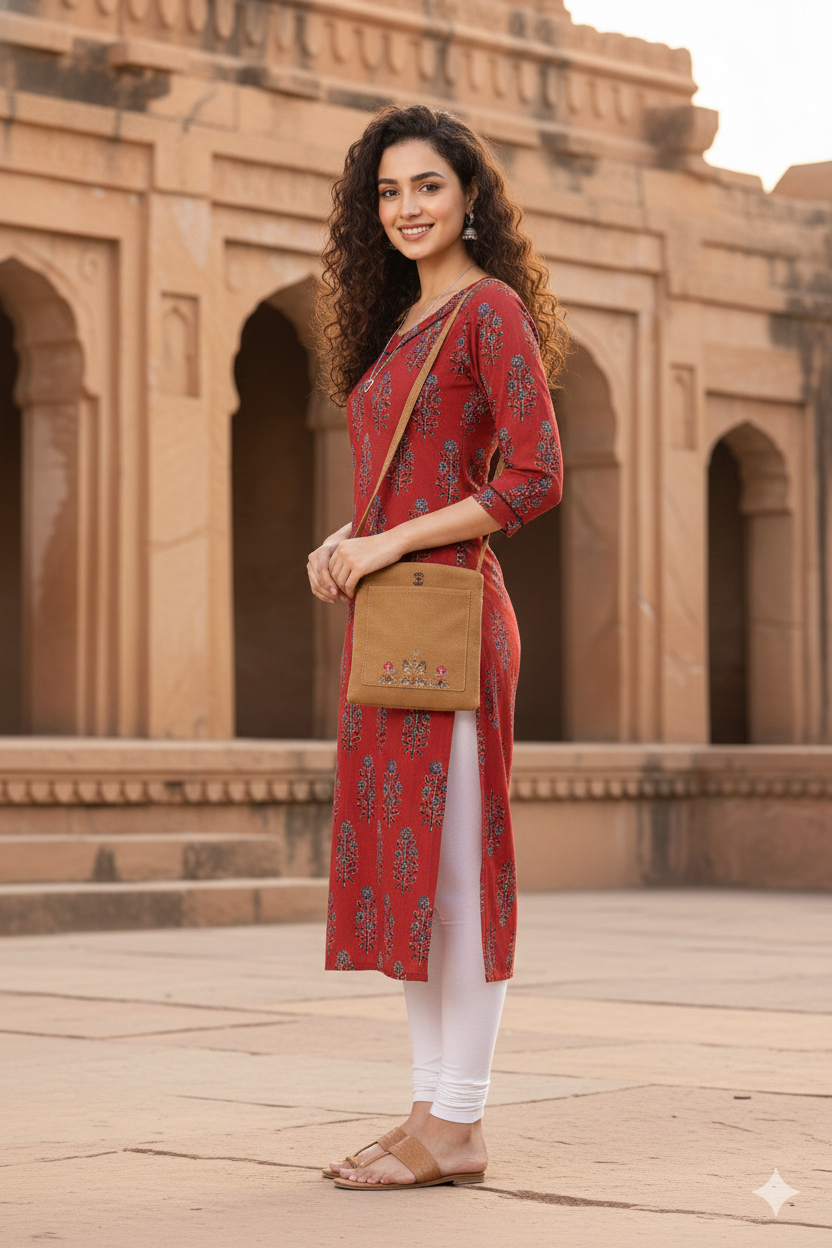 Maroon Pure Cambric Cotton Jaipuri Printed Kurti
