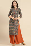 Navy Blue And Red Pure Cambric Cotton Jaipuri Printed Kurti