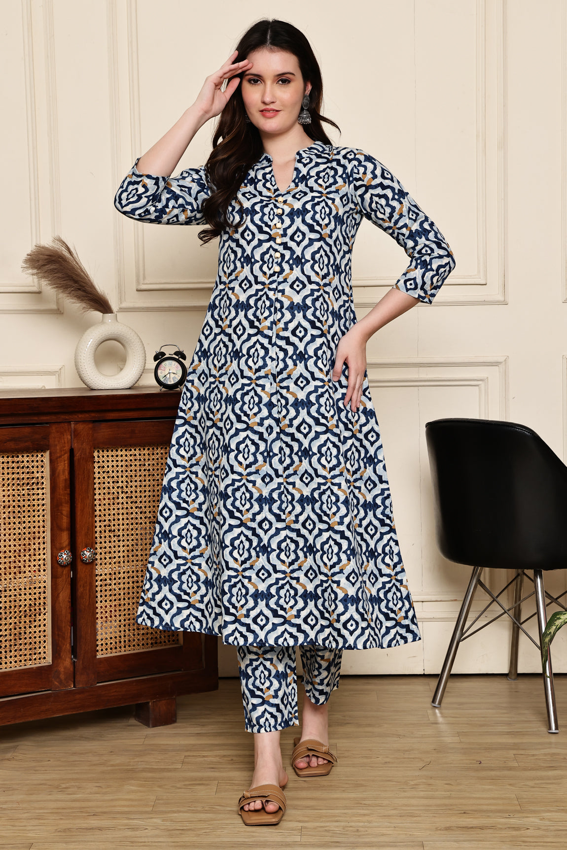 Blue Blossom Geometric Printed  Kurta With Pant